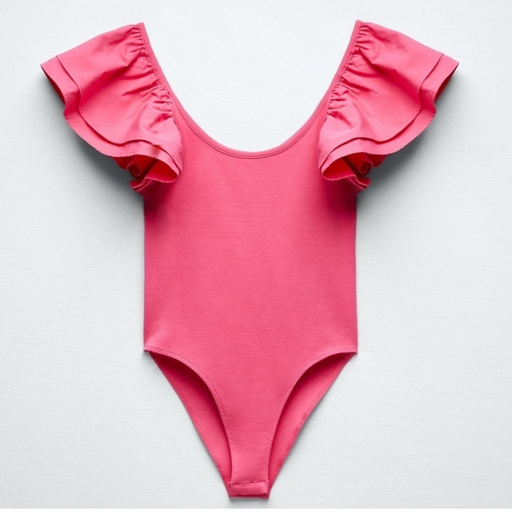 Zara Women’s Hot Pink Ribbed knit Poplin Ruffle Bodysuit Size Small - Picture 5 of 9